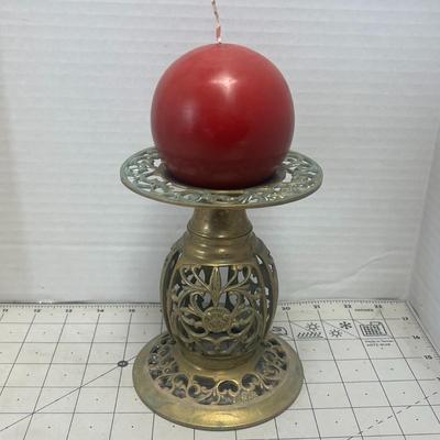 Vintage Reticulated Brass Bubble Pillar Candle Stick Holder Stand