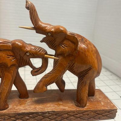 Wooden Handcrafted Wrestling Fighting Elephants Statue