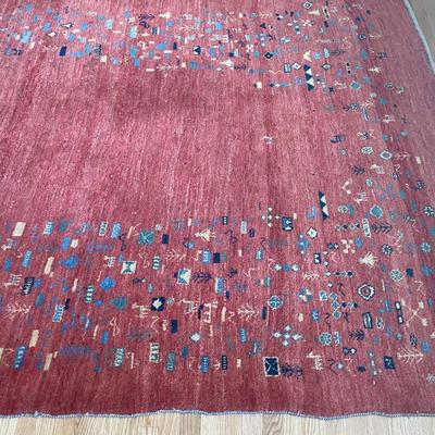 Handwoven Red Gabbeh Rug with Geometric Motifs