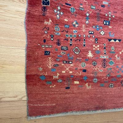 Handwoven Red Gabbeh Rug with Geometric Motifs