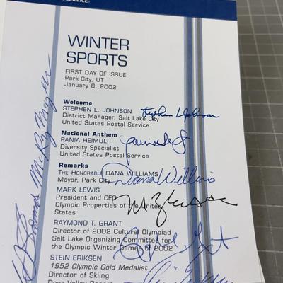 Winter Sports Olympic 2002 First Day Issue Signed by Various Speakers of the Event. 
