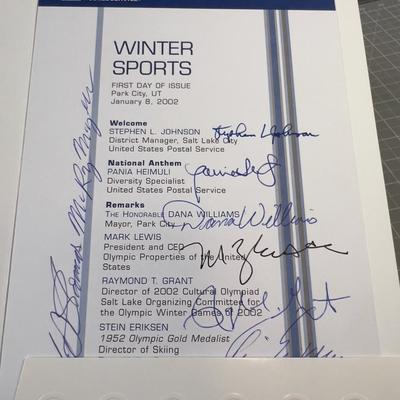 Winter Sports Olympic 2002 First Day Issue Signed by Various Speakers of the Event. 