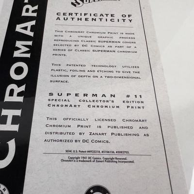 Chrome Art with COA Superman Reproduction of Cover No. 11 Framed under Plastic. 