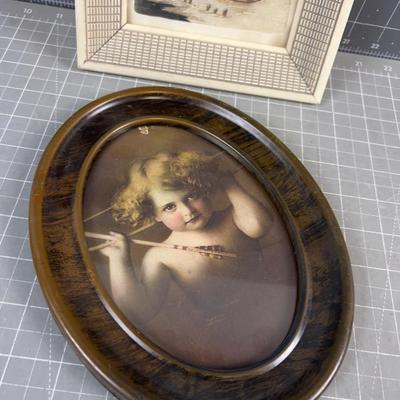 2 Vintage Art; Silk Painting and Cupid Print 