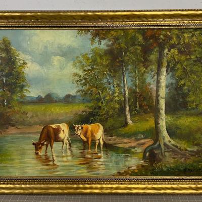 Antique Original Pastoral Landscape Oil on Canvas 
