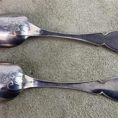 JOSEPH SEYMOUR WREATH 1854 COIN SILVER TEASPOONS pair