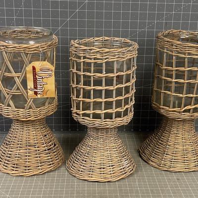 (3) Wicker Wrapped Vases or Candle Lanters NEW 