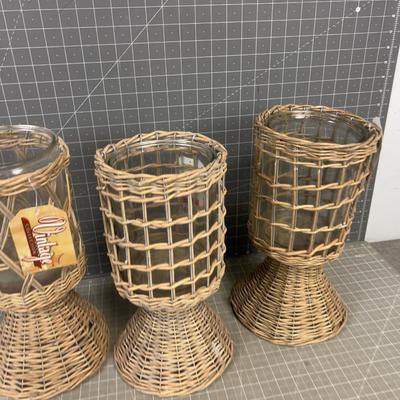 (3) Wicker Wrapped Vases or Candle Lanters NEW 
