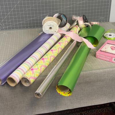 Lot of Present Materials: Cards, Wrap & Ribbon