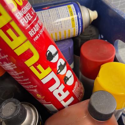 Crate full of Garage  Lubricants and Paints etc.