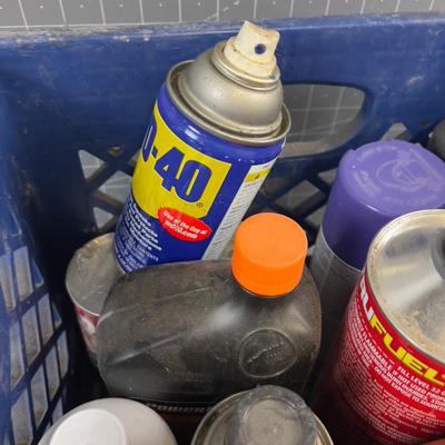 Crate full of Garage  Lubricants and Paints etc.