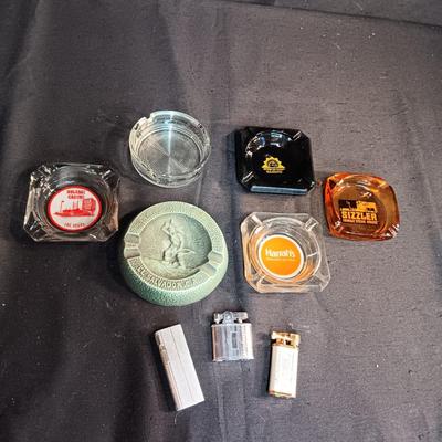 ADVERTISING ASHTRAYS AND 3 LIGHTERS