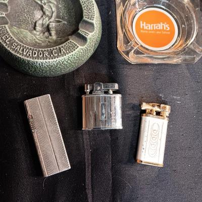 ADVERTISING ASHTRAYS AND 3 LIGHTERS