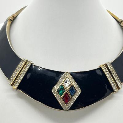 LOT 276J: "Dior Style" 1980's Collar Necklace with Black Enamel and Rhinestones - 15".