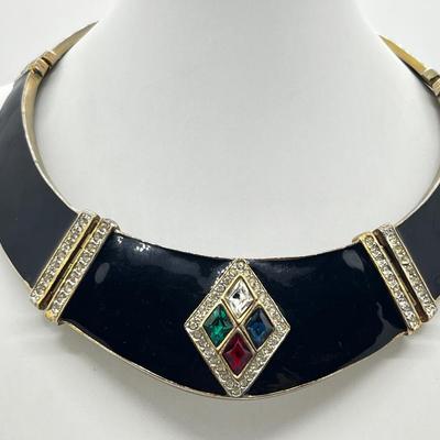 LOT 276J: "Dior Style" 1980's Collar Necklace with Black Enamel and Rhinestones - 15".