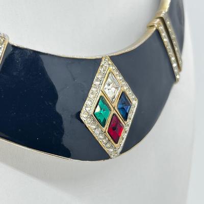 LOT 276J: "Dior Style" 1980's Collar Necklace with Black Enamel and Rhinestones - 15".