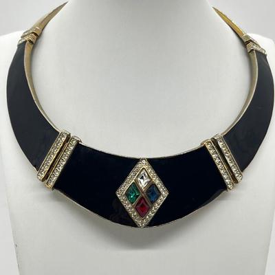 LOT 276J: "Dior Style" 1980's Collar Necklace with Black Enamel and Rhinestones - 15".