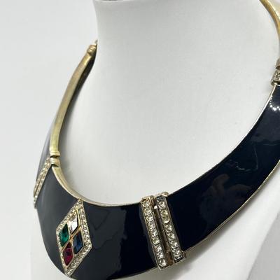 LOT 276J: "Dior Style" 1980's Collar Necklace with Black Enamel and Rhinestones - 15".