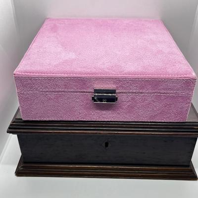 LOT 279: Jewelry Boxes: Vintage Wooden Red Velvet Lined + Pink Faux Suede