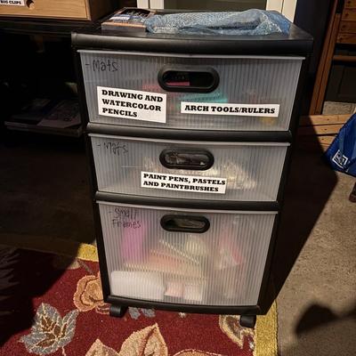 LOT 283: Three Drawer Plastic Organizer Full of Drawing/Painting/Crafting Supplies