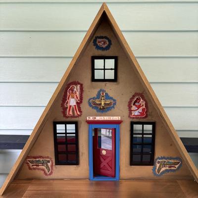 LOT 287: Handcrafted Egyptian A-Frame Style Doll House and Books