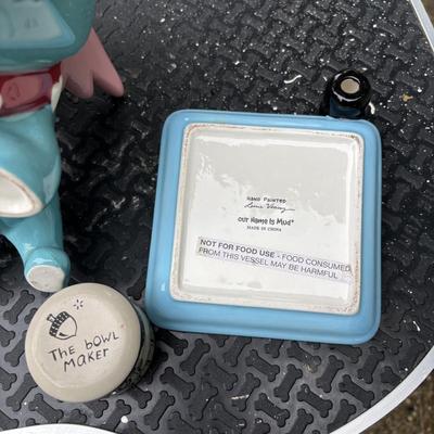 LOT 289: Flying Pig Pet Grooming Table: Valentines Bulldog Candy Dish: Hand Painted Louie Veasey Dish & Lucky Dog Cup by The Bowl Maker