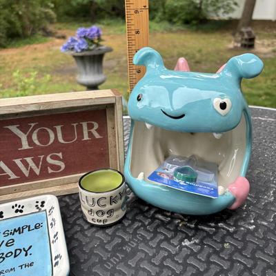 LOT 289: Flying Pig Pet Grooming Table: Valentines Bulldog Candy Dish: Hand Painted Louie Veasey Dish & Lucky Dog Cup by The Bowl Maker