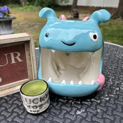 LOT 289: Flying Pig Pet Grooming Table: Valentines Bulldog Candy Dish: Hand Painted Louie Veasey Dish & Lucky Dog Cup by The Bowl Maker