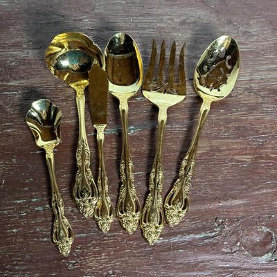 LOT 295: Godinger, Imperial 24k Gold Electro Plate and Cambridge Tracy Stainless Gold-Plated Flatware