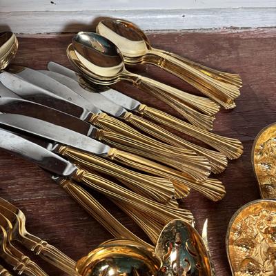 LOT 295: Godinger, Imperial 24k Gold Electro Plate and Cambridge Tracy Stainless Gold-Plated Flatware