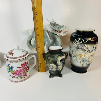 LOT 298: Asian Dragon Lot Featuring Noritake Dragon Vase, Porcelain Dragon Figurine, Hand Painted Dragon Vase and More