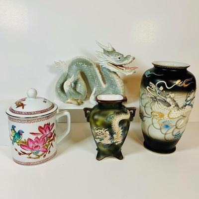 LOT 298: Asian Dragon Lot Featuring Noritake Dragon Vase, Porcelain Dragon Figurine, Hand Painted Dragon Vase and More