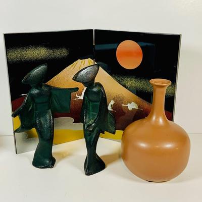 LOT 300:Set of Two (2) Cast Iron Japanese Dancing Geisha Figurines, Japanese Art and Vase.
