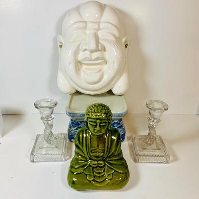 LOT 304: Buddha Mask and Kamokura Incense Burner, Glass Fish Candle Holder and Pedestal