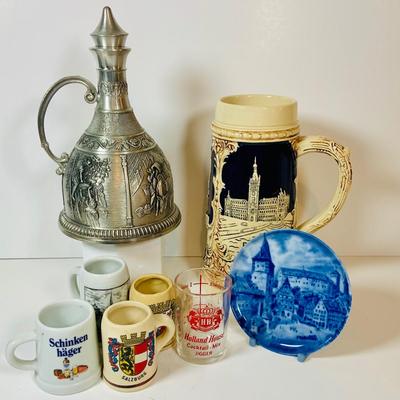 LOT 306: German Mug Metal Decanter, Shot Glasses and More