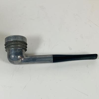 LOT 307: Pipes, Pipe Holder, Tobacco Jar, Cigarette Case, Crystal Bottle Stops Formica Tray, Brass Eagle Cane Handle and More