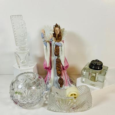 LOT 308: Lenox Snow Queen Figurine, Galway Crystal Bowl, Crystal Perfume Bottle, Glass Ink Well and More