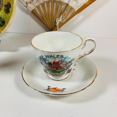 LOT 309: Victorian Ware Blue Bowl, Limoges Trinket Box, Tea Cups & Saucers, Mini Art Nouveau Bust, Lace Fan and More