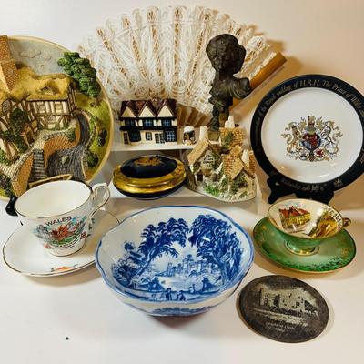 LOT 309: Victorian Ware Blue Bowl, Limoges Trinket Box, Tea Cups & Saucers, Mini Art Nouveau Bust, Lace Fan and More