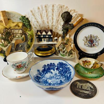 LOT 309: Victorian Ware Blue Bowl, Limoges Trinket Box, Tea Cups & Saucers, Mini Art Nouveau Bust, Lace Fan and More