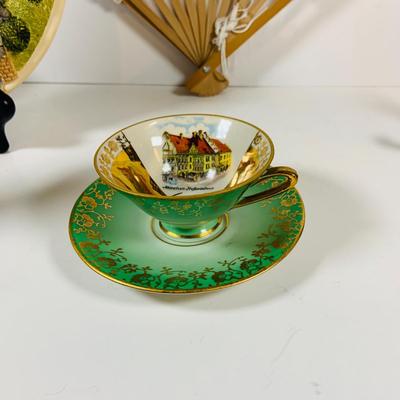 LOT 309: Victorian Ware Blue Bowl, Limoges Trinket Box, Tea Cups & Saucers, Mini Art Nouveau Bust, Lace Fan and More