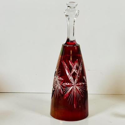LOT 310: Etched Glass Cranberry Glass Decanter Set and Etched Glass Bell and More