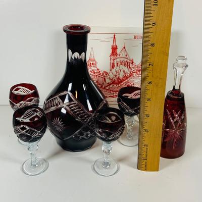 LOT 310: Etched Glass Cranberry Glass Decanter Set and Etched Glass Bell and More