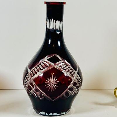 LOT 310: Etched Glass Cranberry Glass Decanter Set and Etched Glass Bell and More