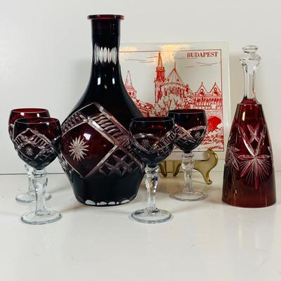 LOT 310: Etched Glass Cranberry Glass Decanter Set and Etched Glass Bell and More