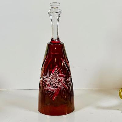 LOT 310: Etched Glass Cranberry Glass Decanter Set and Etched Glass Bell and More