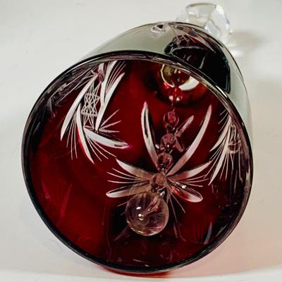 LOT 310: Etched Glass Cranberry Glass Decanter Set and Etched Glass Bell and More