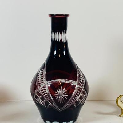 LOT 310: Etched Glass Cranberry Glass Decanter Set and Etched Glass Bell and More