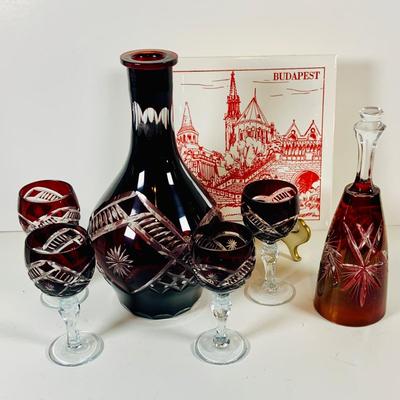 LOT 310: Etched Glass Cranberry Glass Decanter Set and Etched Glass Bell and More
