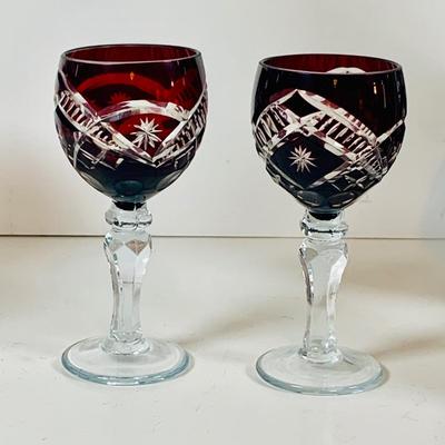 LOT 310: Etched Glass Cranberry Glass Decanter Set and Etched Glass Bell and More